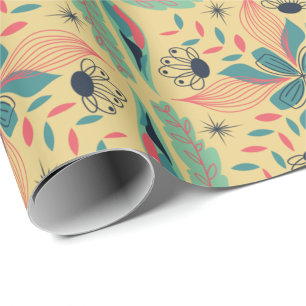 Papel De Presente padrão floral e geométrico vintage em azul-turques
