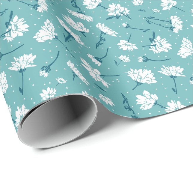 Papel De Presente Padrão Floral Elegante - Botânica Branca e Teal (Ponta do rolo)