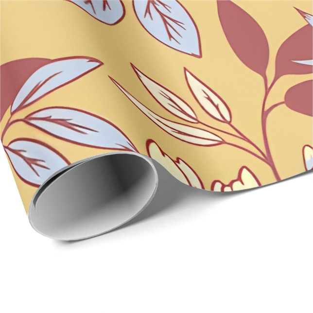 Papel De Presente Padrão Floral Elegante com Folhas Vermelhas e Azui (Ponta do rolo)