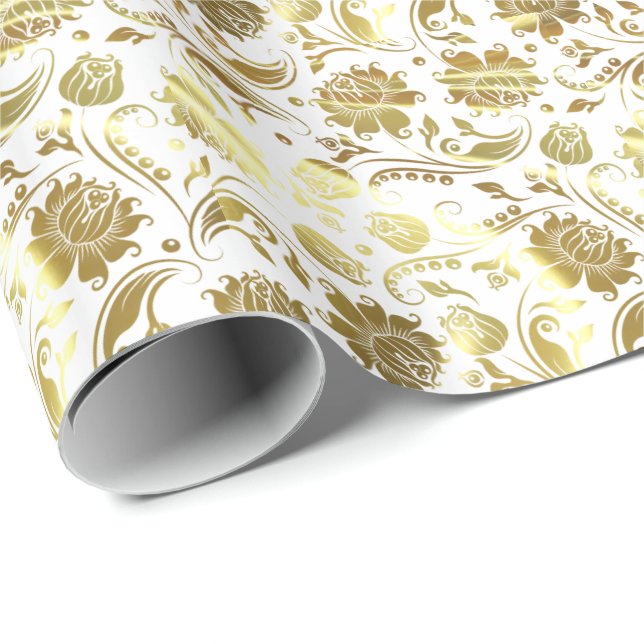 Papel De Presente Padrão Floral Elegante Dourado e Branco (Ponta do rolo)