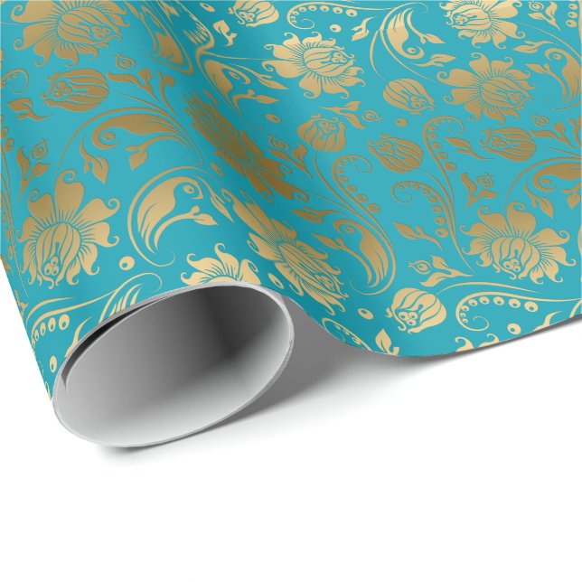 Papel De Presente Padrão Floral Elegante Dourado e Turquesa (Ponta do rolo)