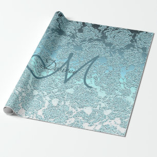 Papel De Presente Padrão Floral Elegante Negra Verde-Teal Monograma