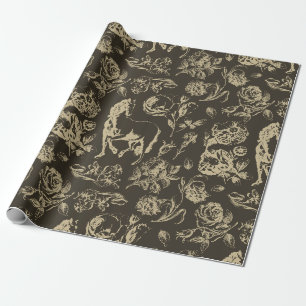 Papel De Presente Padrão Floral Elegante Vintage Bege Dourado Cavalo