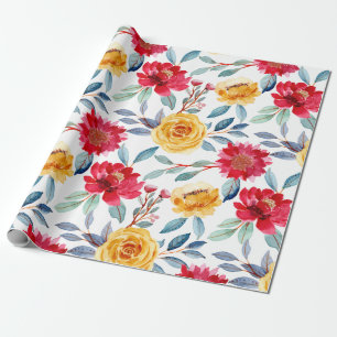 Papel De Presente Padrão Floral em Aquarela Alegre em Rosa Amarelo