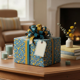Papel De Presente Padrão floral em aquarela azul e dourado
