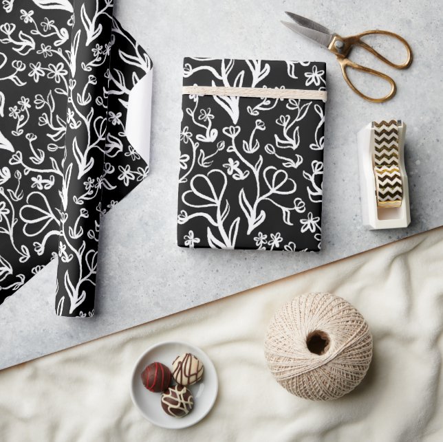 Papel De Presente Padrão Floral em Branco em Preto (Artesanato)