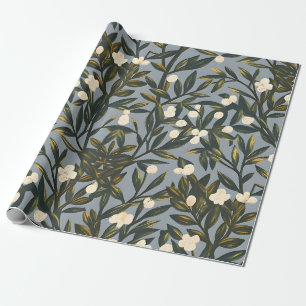 Papel De Presente Padrão floral em fundo azul-cinza empoeirado