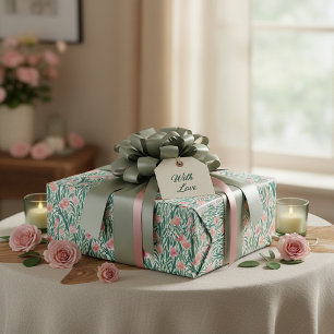 Papel De Presente Padrão floral em verde e pêssego aquarela