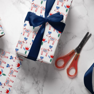 Papel De Presente Padrão Floral Escandinavo de Rena de Natal