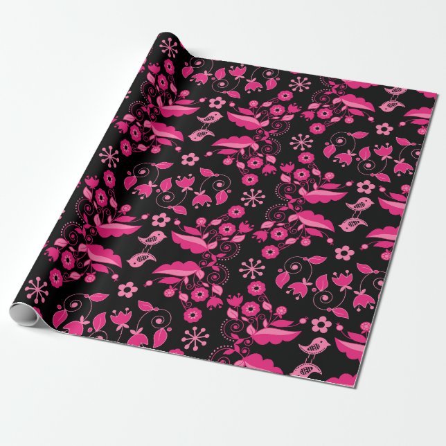 Papel De Presente Padrão Floral Escandinavo Rosa Moderno (Desenrolado)