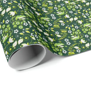 Papel De Presente Padrão Floral Escandinavo Verde Moderno