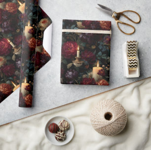 Papel De Presente Padrão Floral Escuro Elegante com Velas