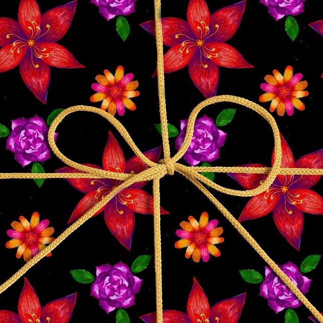 Papel De Presente Padrão Floral Exótico Tropical Chic Red and Black (Criador carregado)