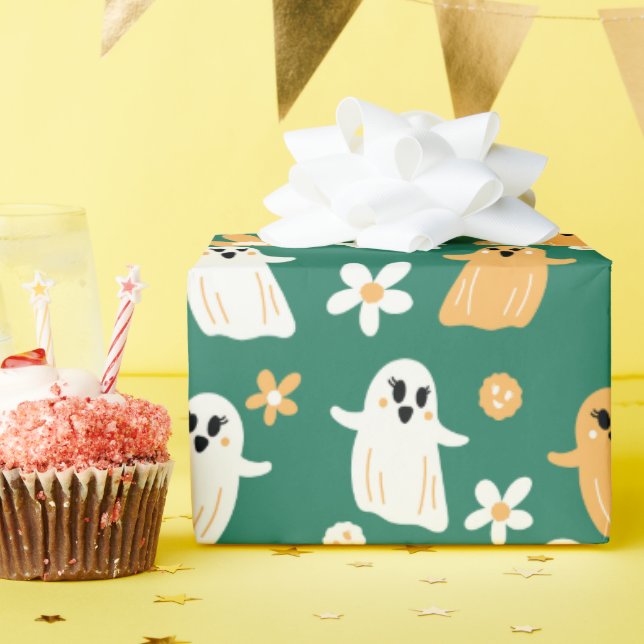 Papel De Presente Padrão floral Fantasma do Feliz Halloween (Festa de aniversário)