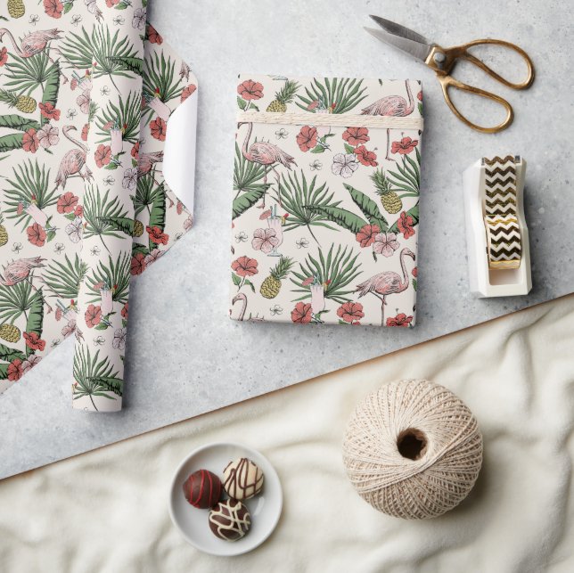 Papel De Presente Padrão Floral Flamingo Marfim Tropical (Artesanato)