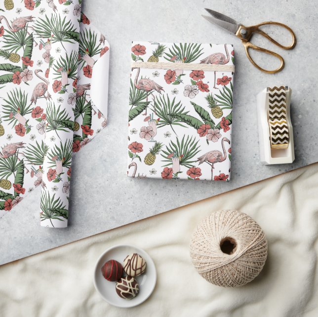 Papel De Presente Padrão Floral Flamingo Tropical Branco (Artesanato)