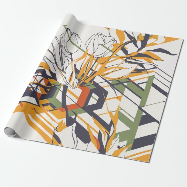 Papel De Presente Padrão Floral Geométrico com Mostarda Quente e Det (Desenrolado)