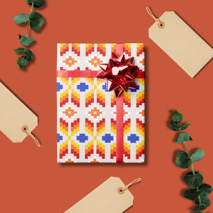 Papel De Presente Padrão Floral Geométrico em Pixel em Vermelho Lara