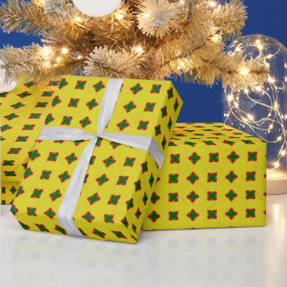 Papel De Presente Padrão Floral Geométrico Vermelho, Verde e Amarelo