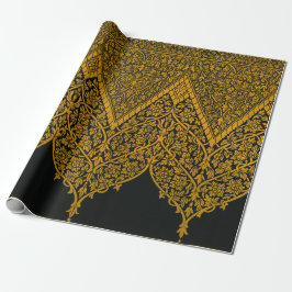 Papel De Presente Padrão Floral Indígena Dourado e Preto Vintage