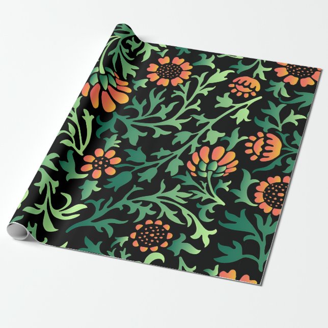 Papel De Presente Padrão Floral Intricado com Folhas Verdes (Desenrolado)