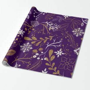 Papel De Presente Padrão floral intrincado com dourado e branco 