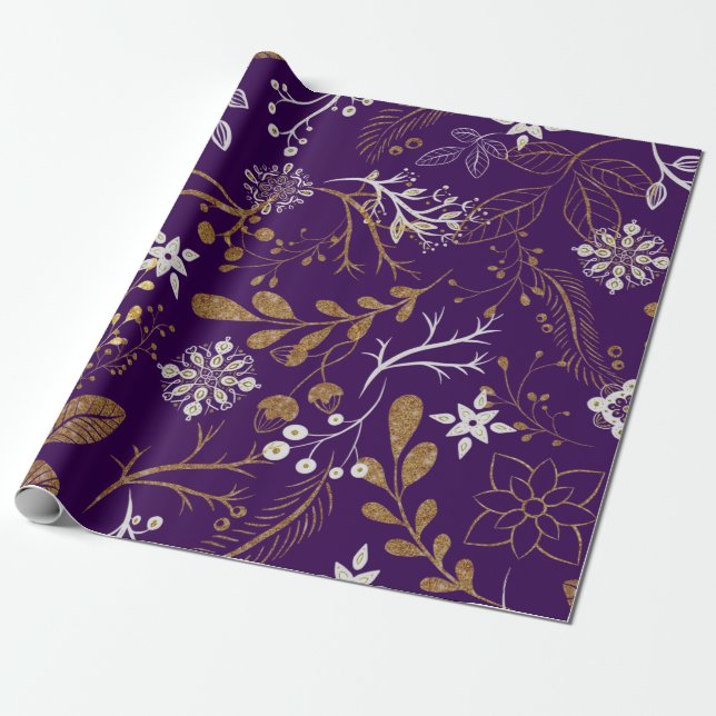 Papel De Presente Padrão floral intrincado com dourado e branco  (Desenrolado)