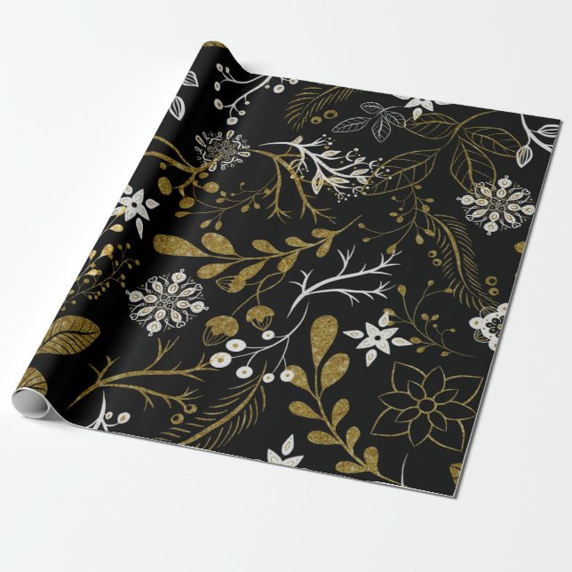 Papel De Presente Padrão floral intrincado com dourado e branco (Desenrolado)
