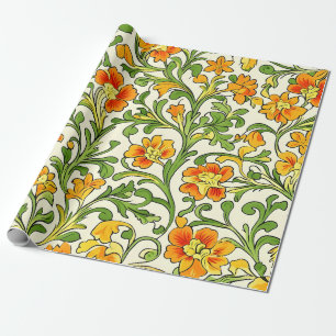 Papel De Presente Padrão floral laranja e amarelo Art Nouveau