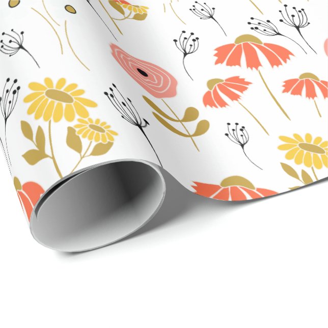 Papel De Presente padrão floral laranja e amarelo de verão (Ponta do rolo)