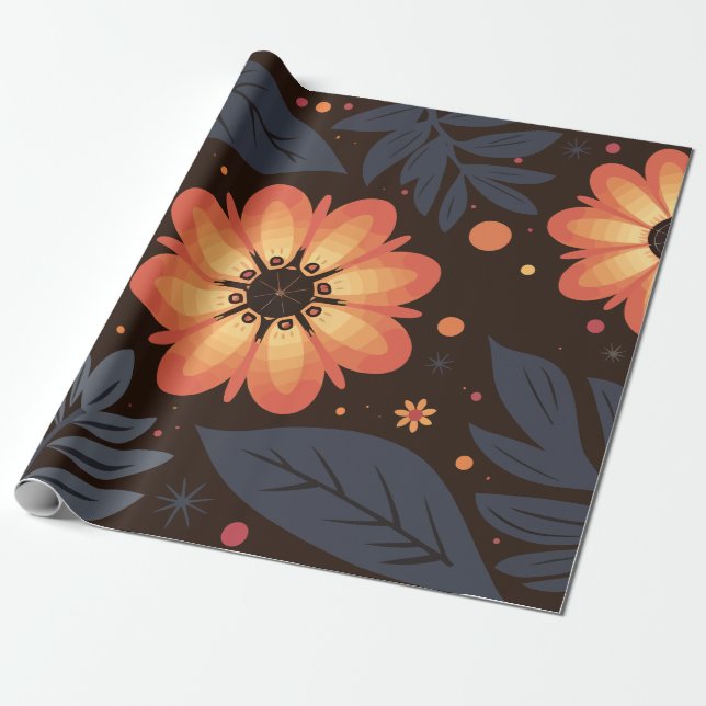 Papel De Presente Padrão Floral Laranja Vibrante em Fundo Escuro (Desenrolado)