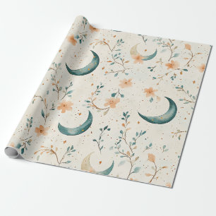 Papel De Presente Padrão Floral Lunar Boho Celestial (1)
