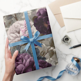 Papel De Presente Padrão Floral Marfim Rosa Ameixa Elegante