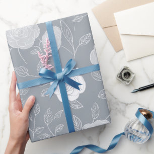 Papel De Presente Padrão Floral Minimalista Cinza Rosa Branco Suave