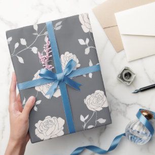 Papel De Presente Padrão Floral Minimalista Cinza Rosa Branco Suave