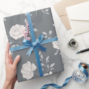 Papel De Presente Padrão Floral Minimalista Cinza Suave Rosa Branco