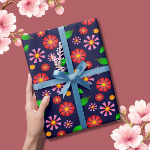 Papel De Presente Padrão Floral Minimalista Moderno azul escuro