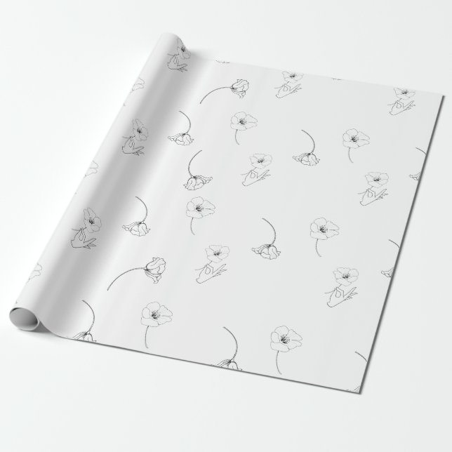 Papel De Presente Padrão Floral Mínimo Moderno Preto e Branco (Desenrolado)