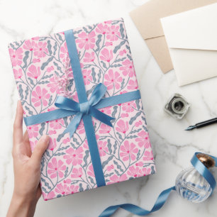 Papel De Presente Padrão Floral Moderno do Meio século Boho Rosa