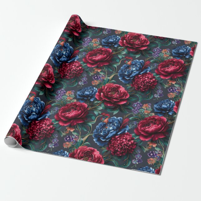 Papel De Presente Padrão Floral Moderno em Tom de Joia (Desenrolado)