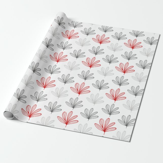 Papel De Presente Padrão Floral Moderno Vermelho e Cinza (Desenrolado)