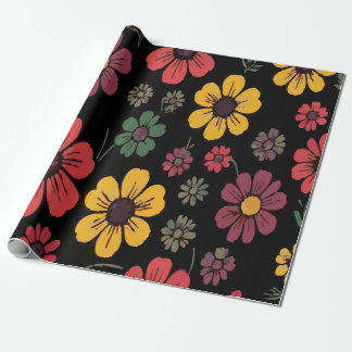 Papel De Presente Padrão Floral Multicor Vibrante em Fundo Preto