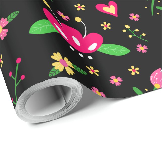 Papel De Presente Padrão Floral Ocupado em Preto (Ponta do rolo)