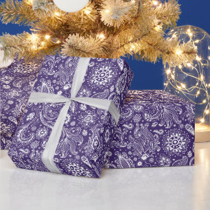 Papel De Presente Padrão floral paisley estilo boho em azul batik