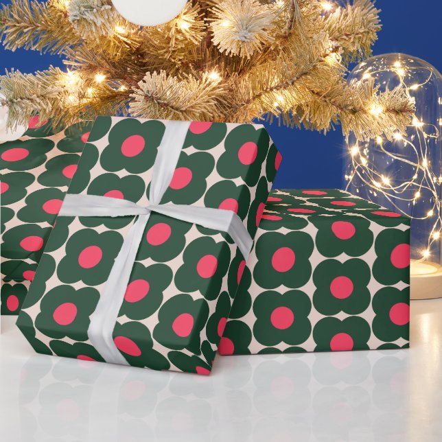 Papel De Presente Padrão Floral Pop Retro Fofo | Verde de Natal (Feriados)