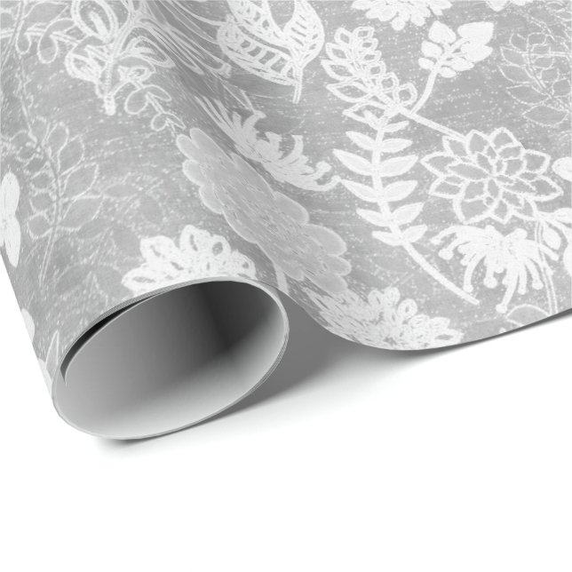 Papel De Presente Padrão floral prateado e branco (Ponta do rolo)