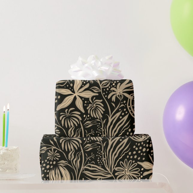 Papel De Presente Padrão Floral Preguiçoso em Dourado a Preto  (Presentes para festas)
