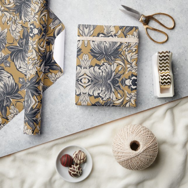 Papel De Presente Padrão Floral Preto e Branco Elegante em Dourado M (Artesanato)