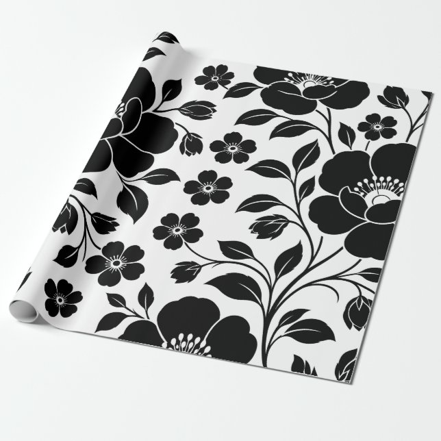 Papel De Presente Padrão Floral Preto Elegante (Desenrolado)