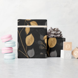 Papel De Presente Padrão Floral Preto Rosa Acento Ouro Elegante